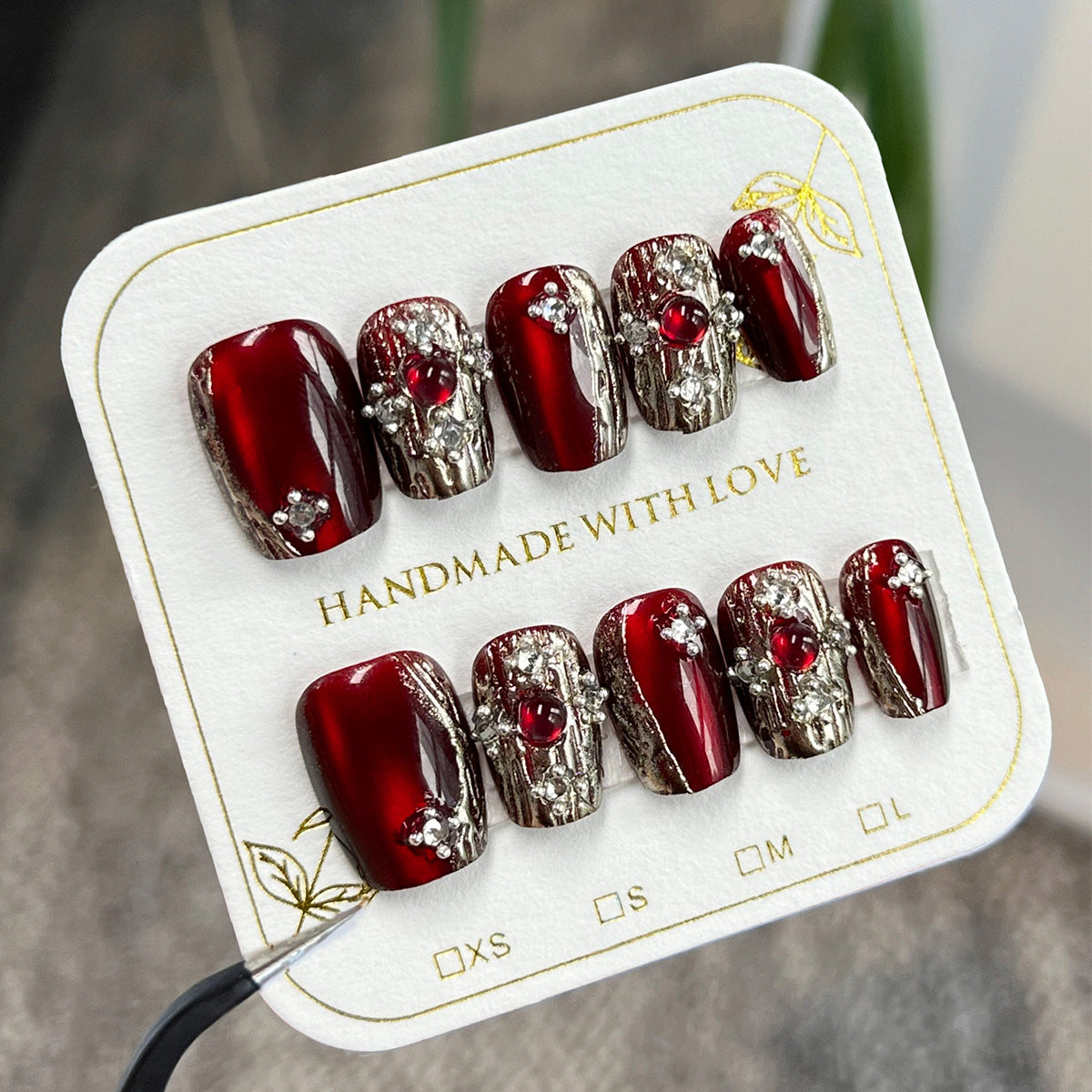 Retro light luxury gemstone cat eye manicure fake nails sub-size red press on nails flash diamond flash nail piece finished product wholesale£ü365nails
