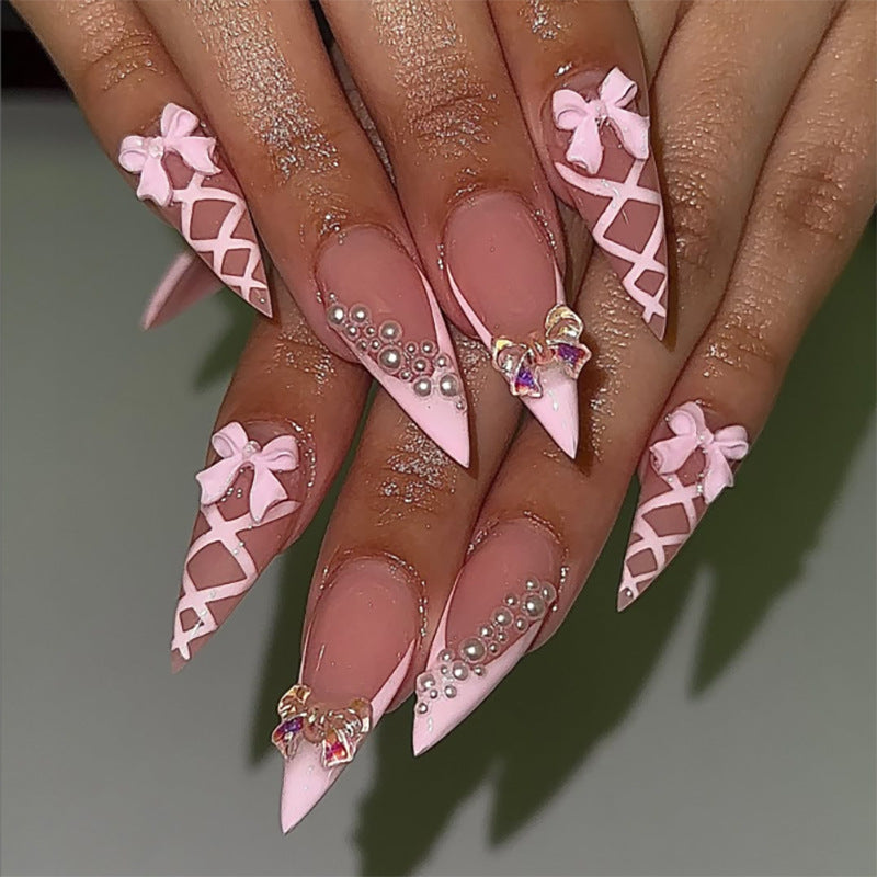 Three-dimensional bow French lotus root pink almonds sweet press-on nails