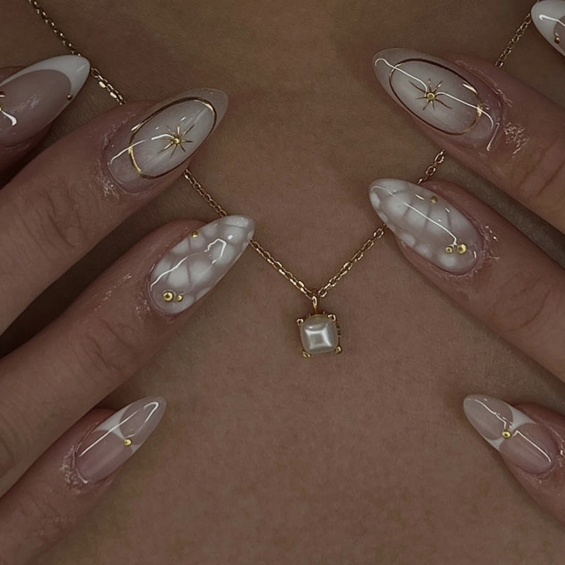 3D Bohemian French White Short Almonds press-on nails