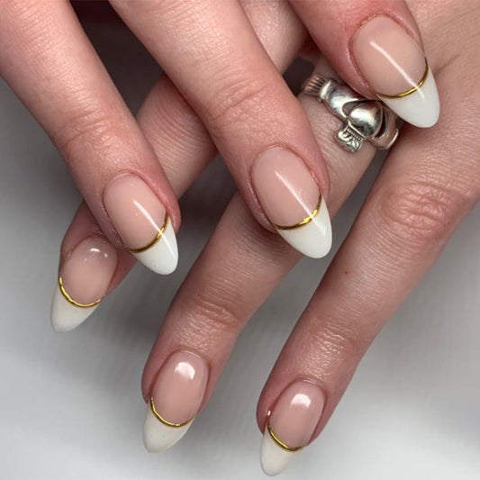 hot-selling simple French white edge press on nails short almond press on nails piece golden curve nail art fake nail£ü365nails