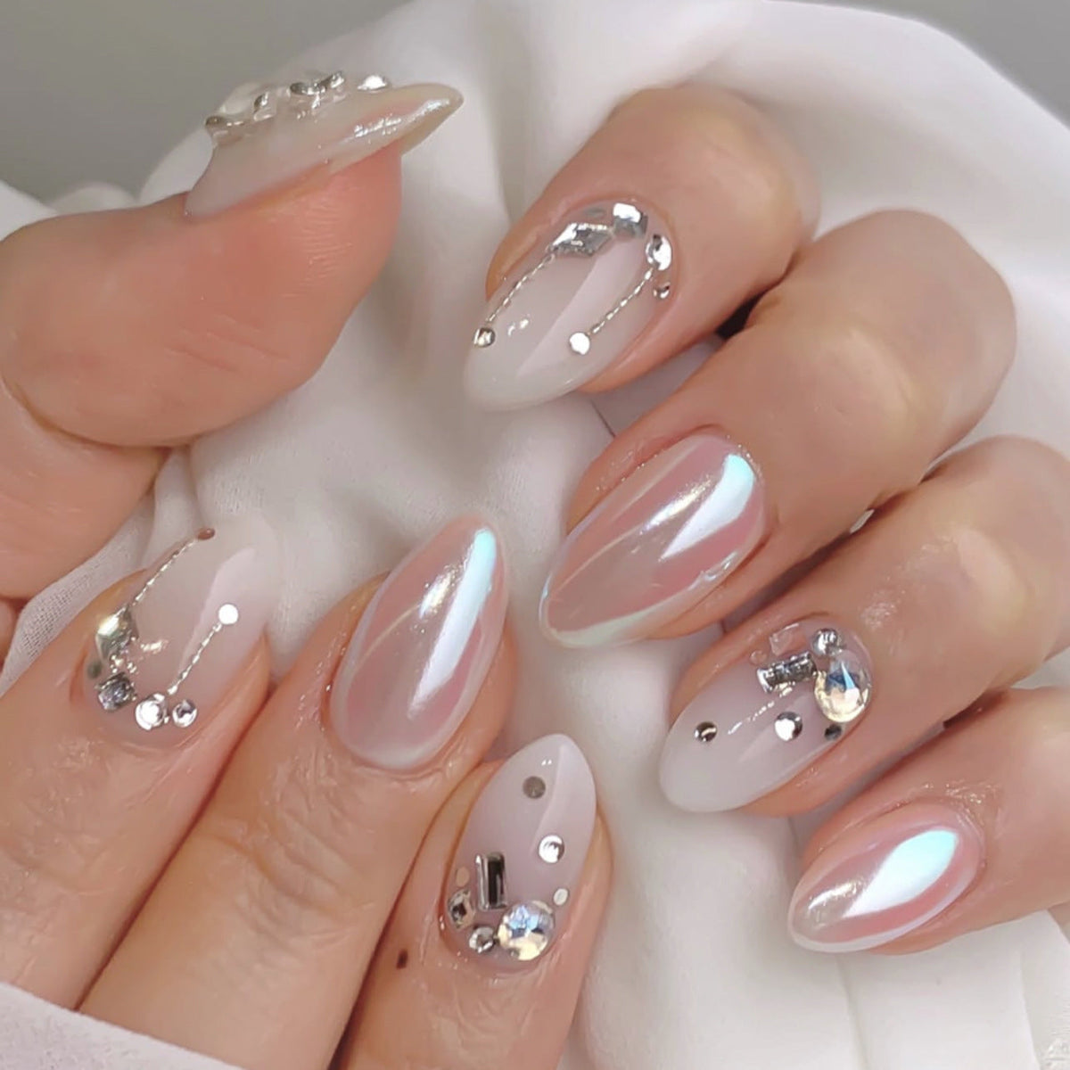 Iridescent Pearl Chrome Crystal Almond Nails
